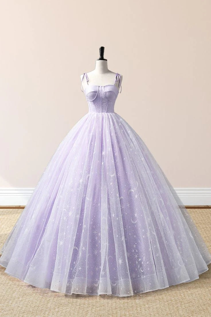 Lavender Spaghetti-Strap Star & Moon Embroidered Tulle Ball Gown with Lace-Up Back