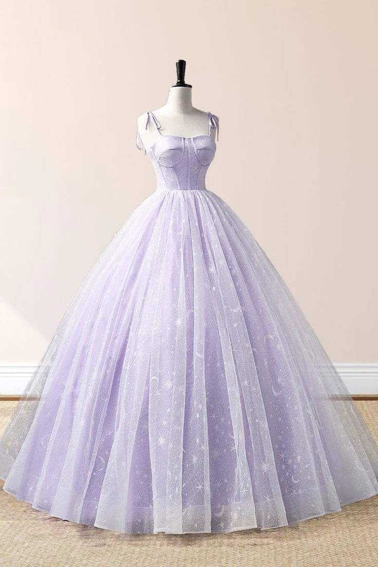Lavender Spaghetti-Strap Star & Moon Embroidered Tulle Ball Gown with Lace-Up Back