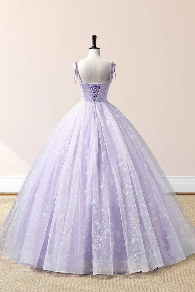 Lavender Spaghetti-Strap Star & Moon Embroidered Tulle Ball Gown with Lace-Up Back