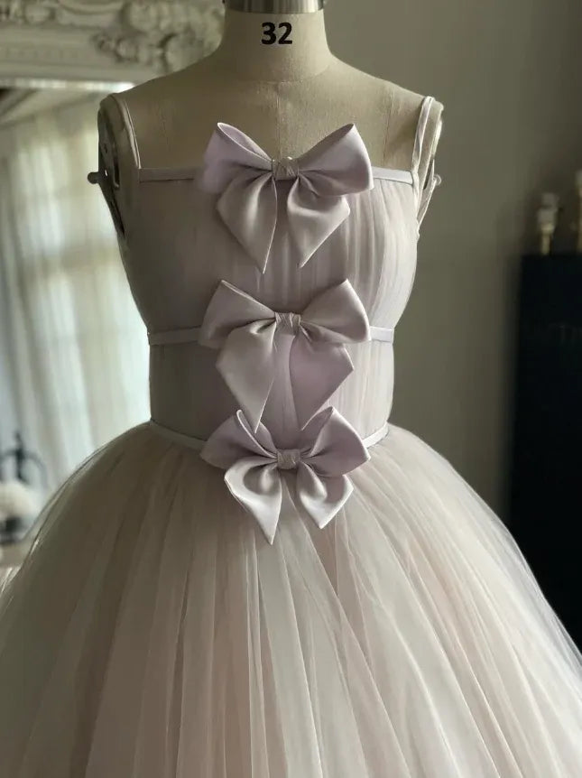 Lavender Spaghetti Strap Tulle Ball Gown with Satin Bows