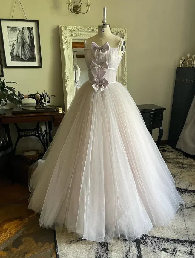 Lavender Spaghetti Strap Tulle Ball Gown with Satin Bows