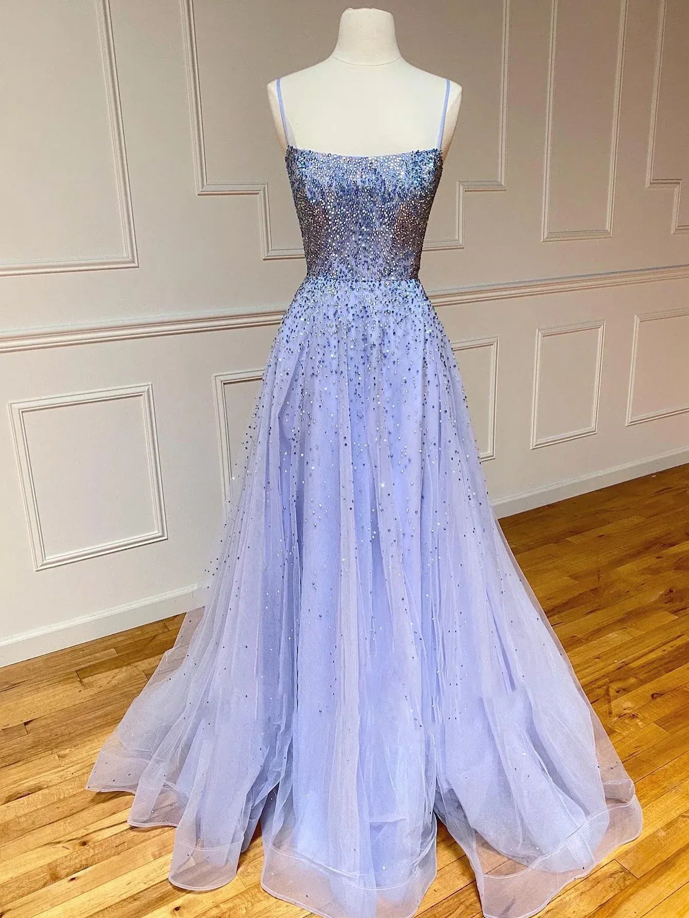 Lavender Square Neck Beaded Crisscross Back Tulle A-Line Prom Gown