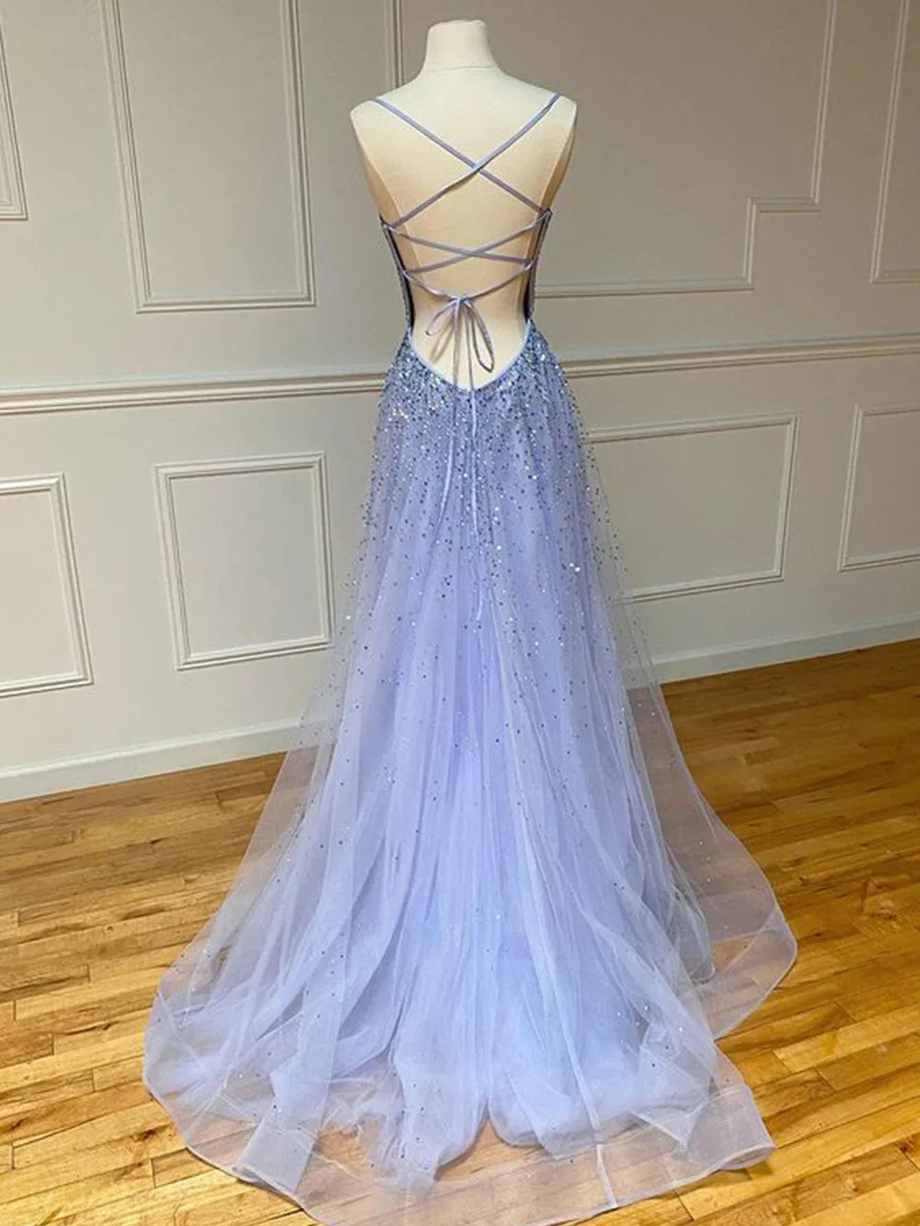 Lavender Square Neck Beaded Crisscross Back Tulle A-Line Prom Gown