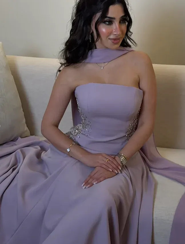 Lavender Strapless Beaded Mermaid Gown with Chiffon Scarf
