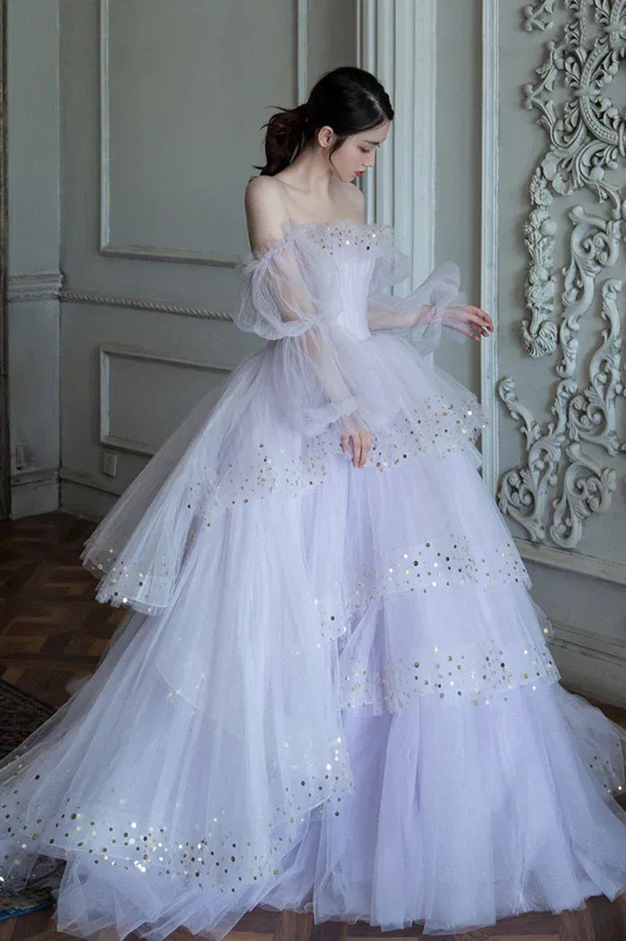 Lavender Tulle Off-the-Shoulder Gown with Gold Sequin Dots