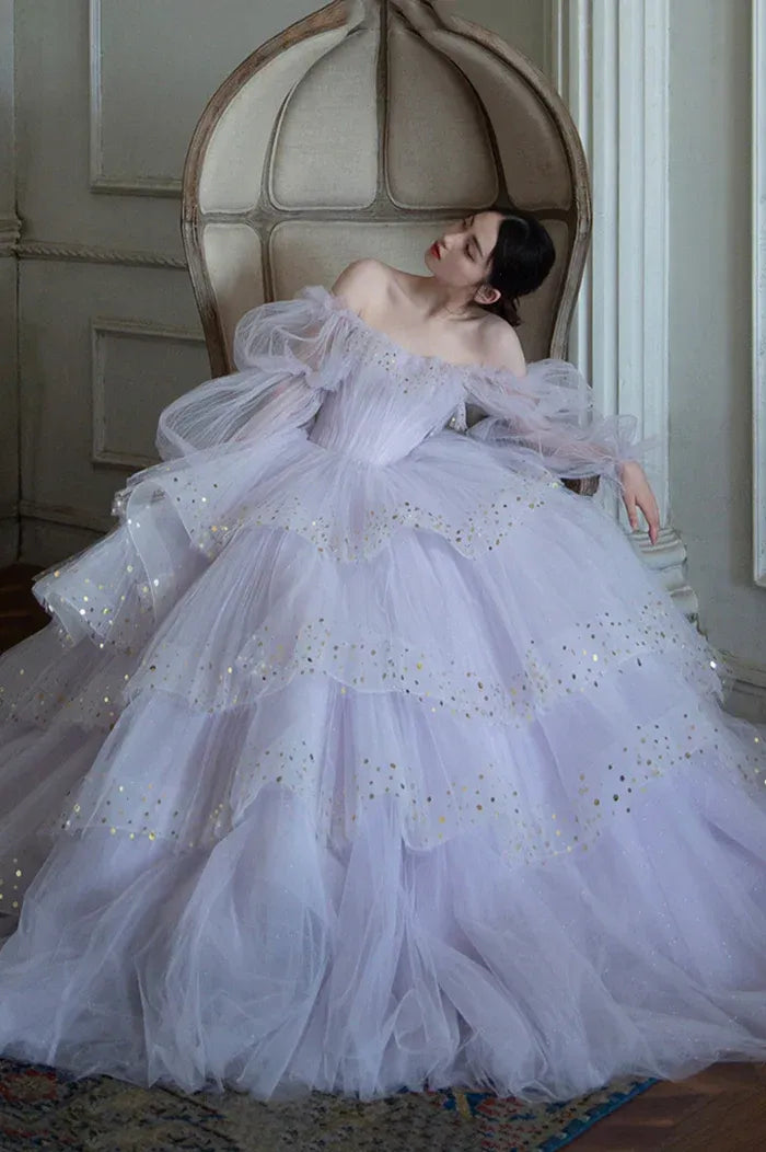 Lavender Tulle Off-the-Shoulder Gown with Gold Sequin Dots