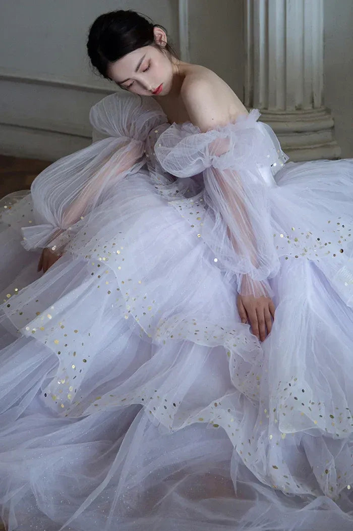 Lavender Tulle Off-the-Shoulder Gown with Gold Sequin Dots