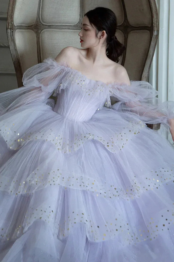 Lavender Tulle Off-the-Shoulder Gown with Gold Sequin Dots