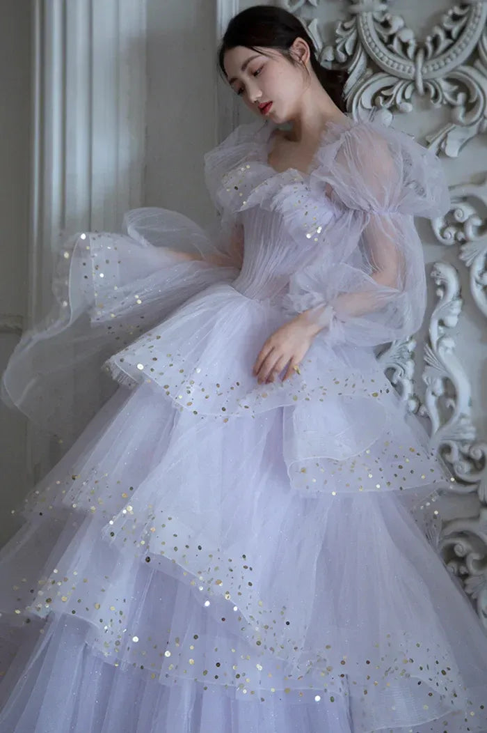 Lavender Tulle Off-the-Shoulder Gown with Gold Sequin Dots