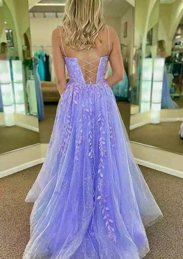 Lavender Tulle Spaghetti Strap Lace-Up Gown – Enchanting & Ethereal Evening Party Dress