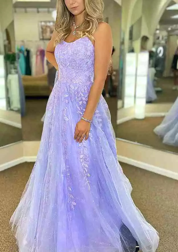 Lavender Tulle Spaghetti Strap Lace-Up Gown – Enchanting & Ethereal Evening Party Dress
