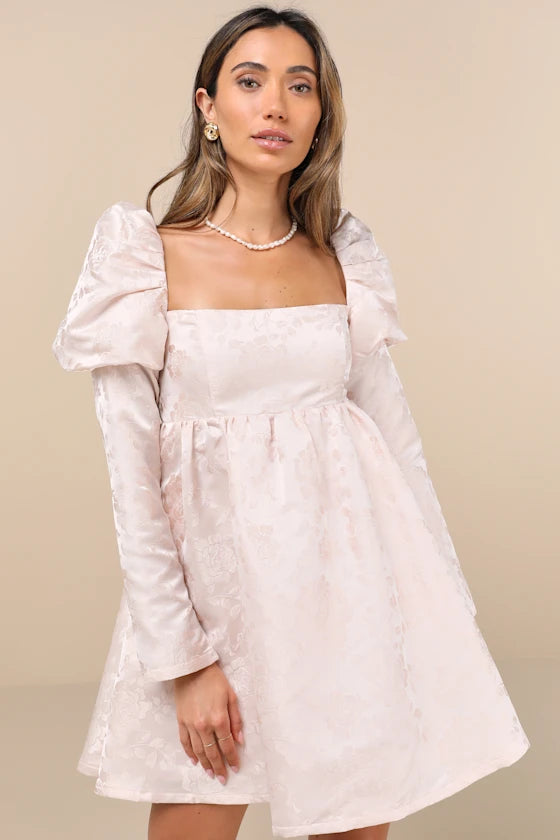 Lavish Sweetie Blush Jacquard Puff Shoulder Babydoll Mini Dress Homecoming Dresses