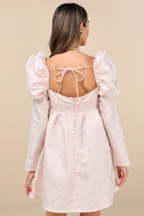 Lavish Sweetie Blush Jacquard Puff Shoulder Babydoll Mini Dress Homecoming Dresses