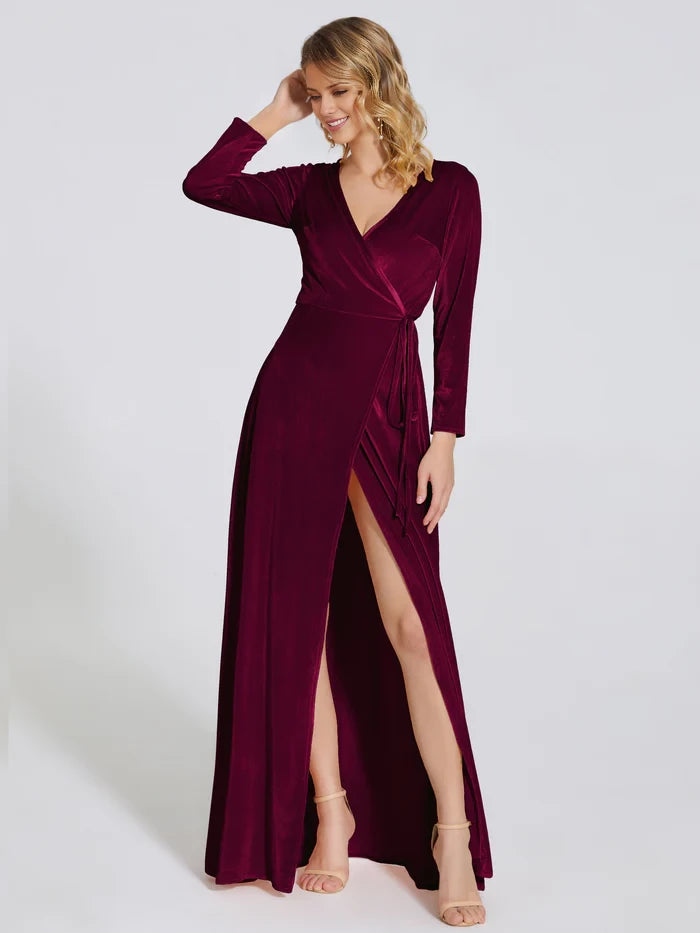 Leila V Neck Long Sleeves Velvet Mother of the Bride Dresses