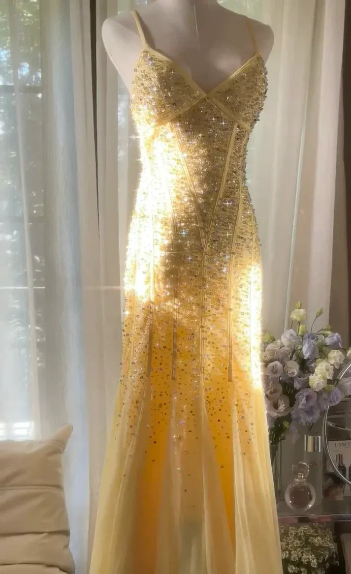 Lemon Yellow Beaded Cutout Mermaid Gown – Spaghetti Strap Formal Prom Dress
