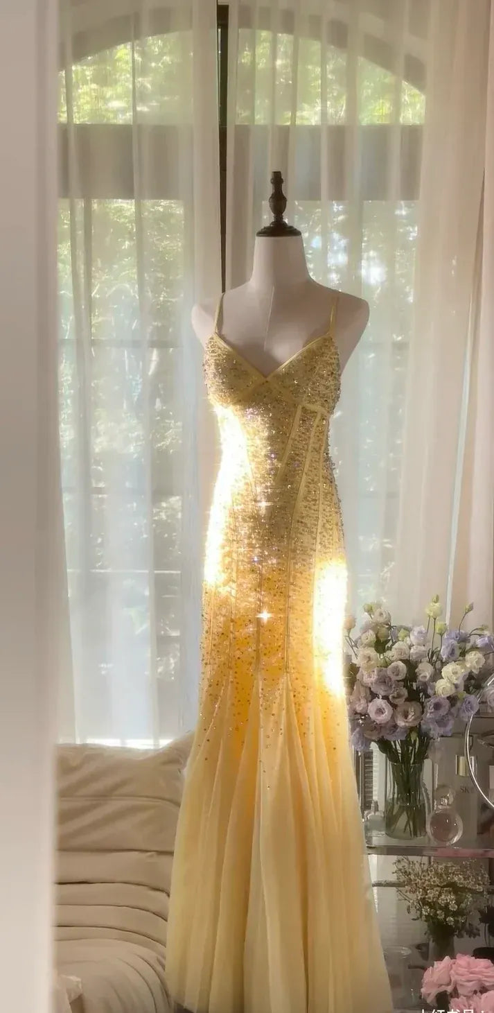 Lemon Yellow Beaded Cutout Mermaid Gown – Spaghetti Strap Formal Prom Dress