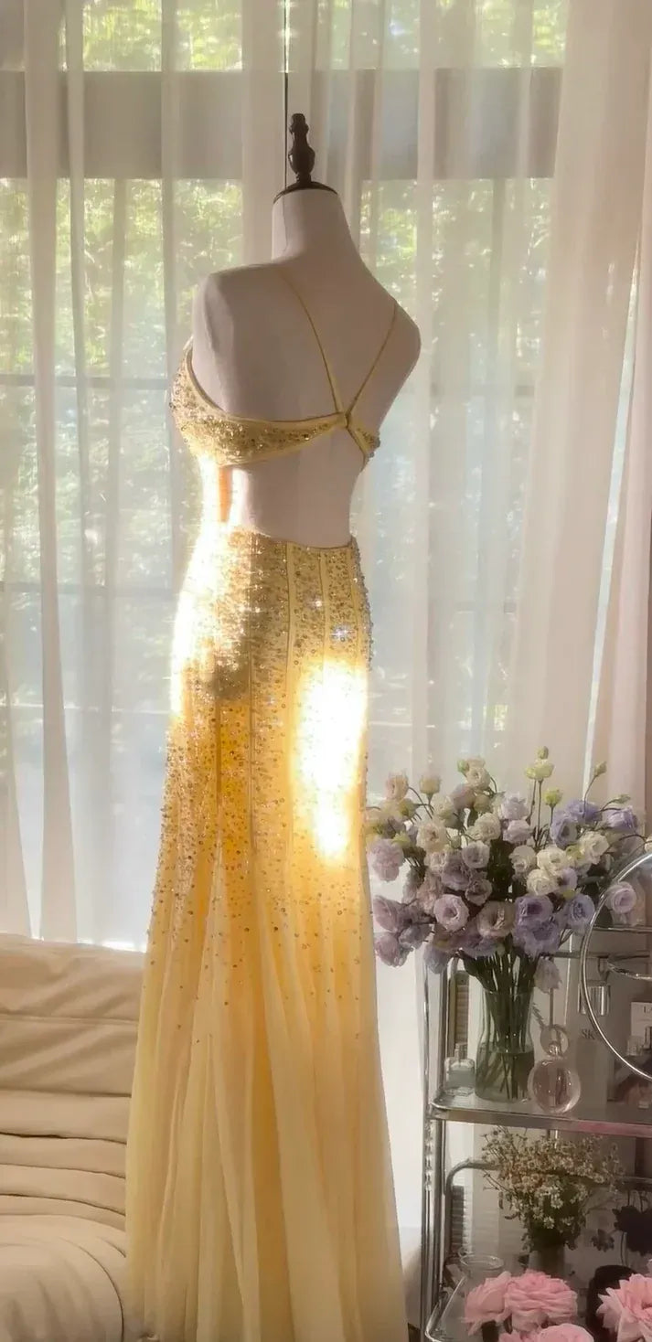Lemon Yellow Beaded Cutout Mermaid Gown – Spaghetti Strap Formal Prom Dress