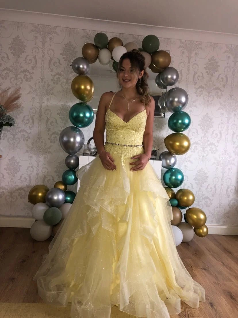 Lemon Yellow Beaded Spaghetti Strap Ruffle Tulle Ball Gown – Prom Quinceanera Dress