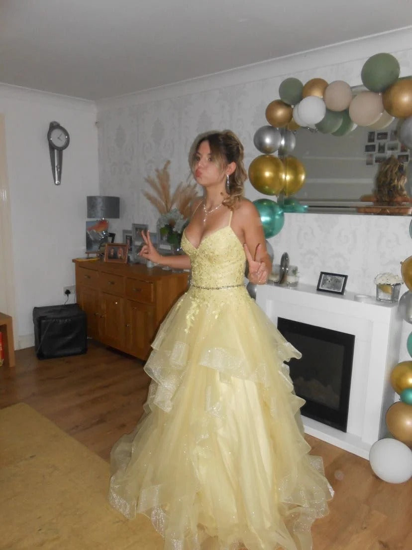 Lemon Yellow Beaded Spaghetti Strap Ruffle Tulle Ball Gown – Prom Quinceanera Dress