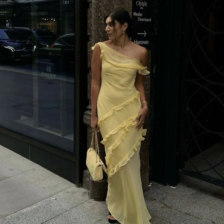 Lemon Yellow Chiffon Ruffle Asymmetrical Maxi Dress