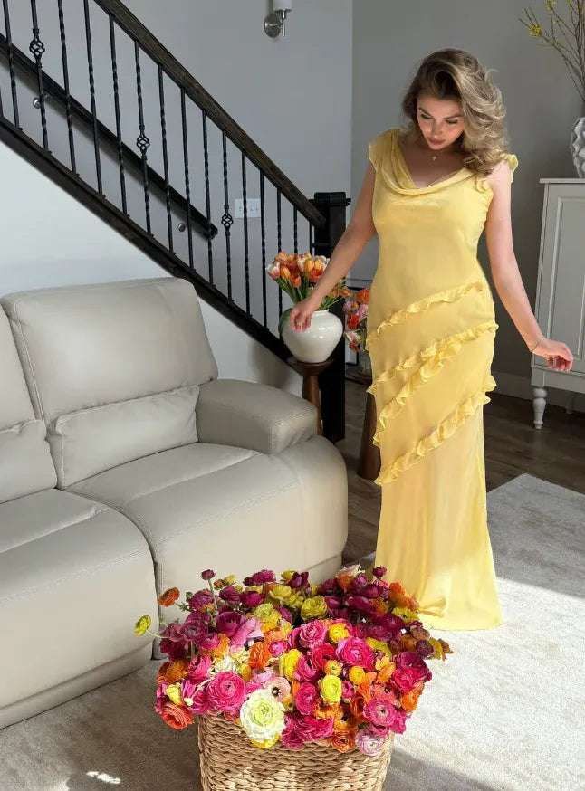 Lemon Yellow Chiffon Ruffle Asymmetrical Maxi Dress