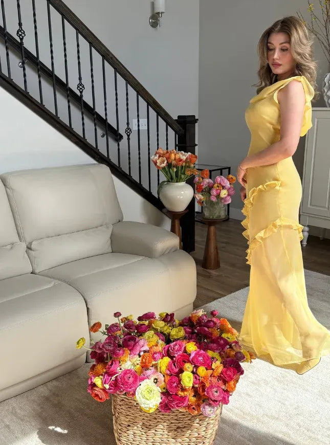 Lemon Yellow Chiffon Ruffle Asymmetrical Maxi Dress