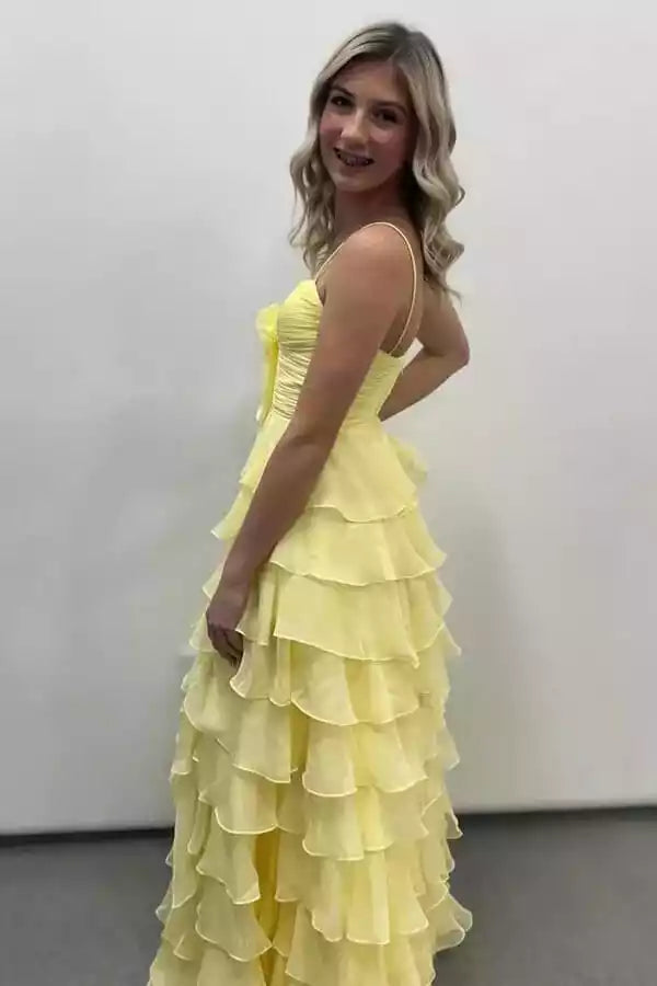 Lemon Yellow Chiffon Spaghetti Strap Tiered Gown – Playful & Airy Evening Party Dress
