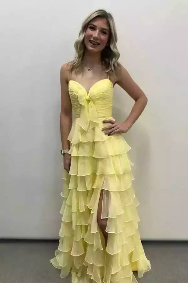 Lemon Yellow Chiffon Spaghetti Strap Tiered Gown – Playful & Airy Evening Party Dress
