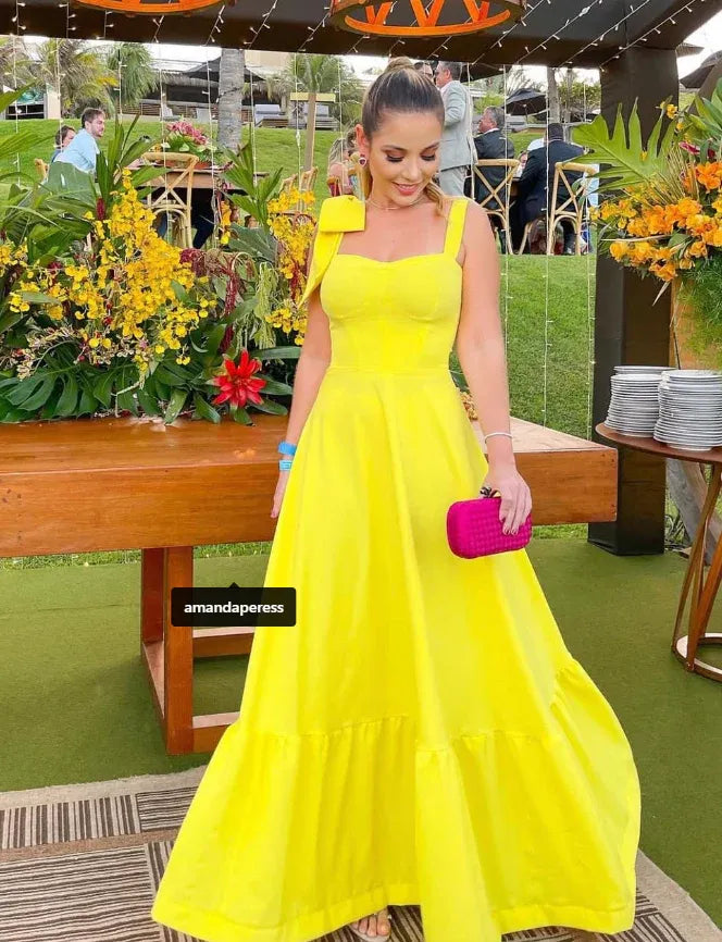 Lemon Yellow One-Shoulder Bow Detail A-Line Maxi Gown