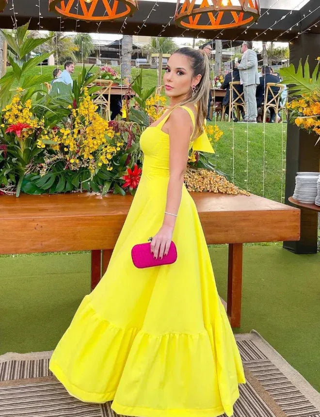 Lemon Yellow One-Shoulder Bow Detail A-Line Maxi Gown