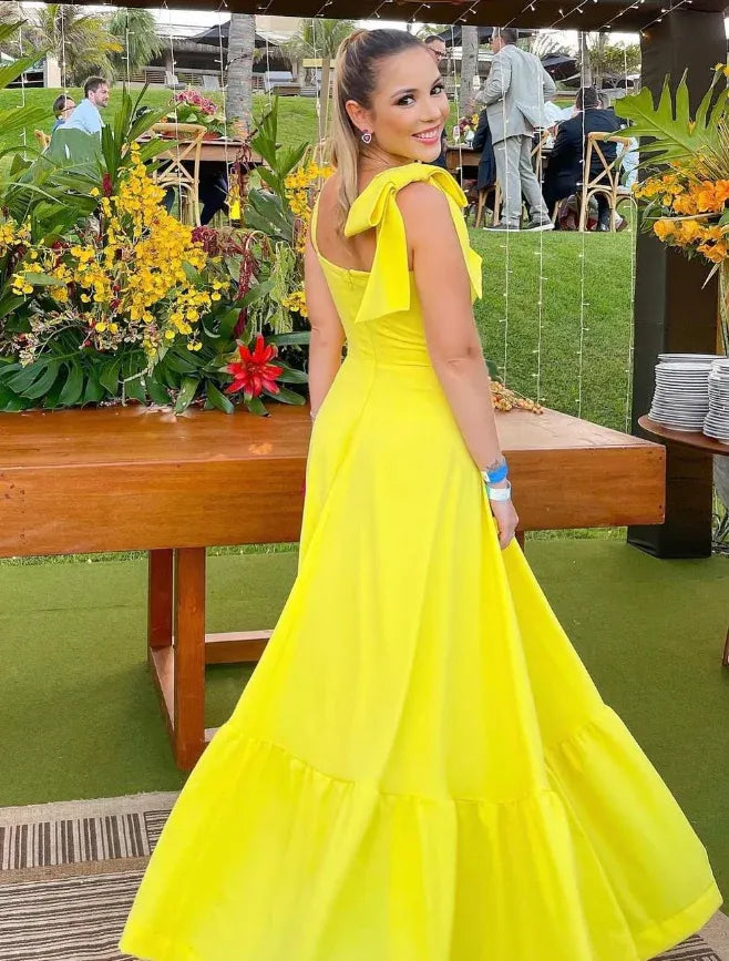 Lemon Yellow One-Shoulder Bow Detail A-Line Maxi Gown