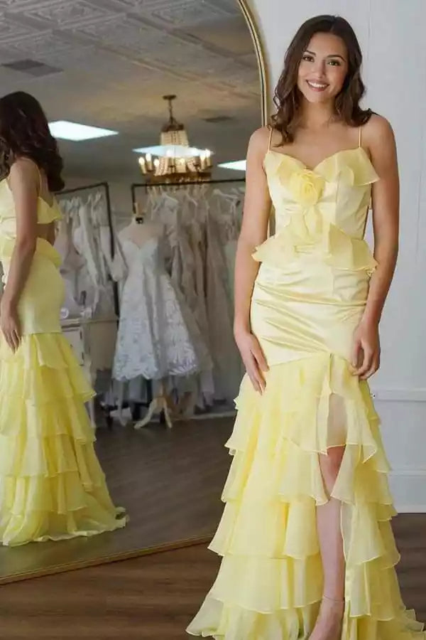 Lemon Yellow Satin Ruffled Cutout Mermaid Gown – Playful & Vibrant Evening Party Dress
