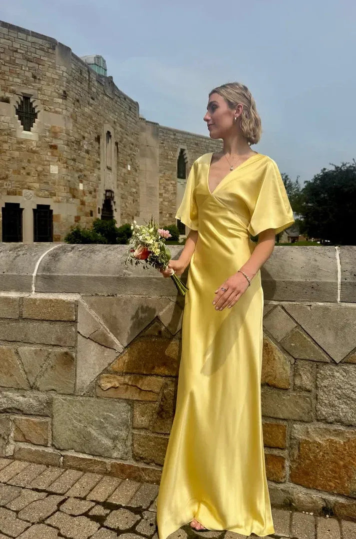 Lemon Yellow Satin V-Neck Flutter Sleeve Maxi Dress – Bridesmaid Wedding Evening Gown
