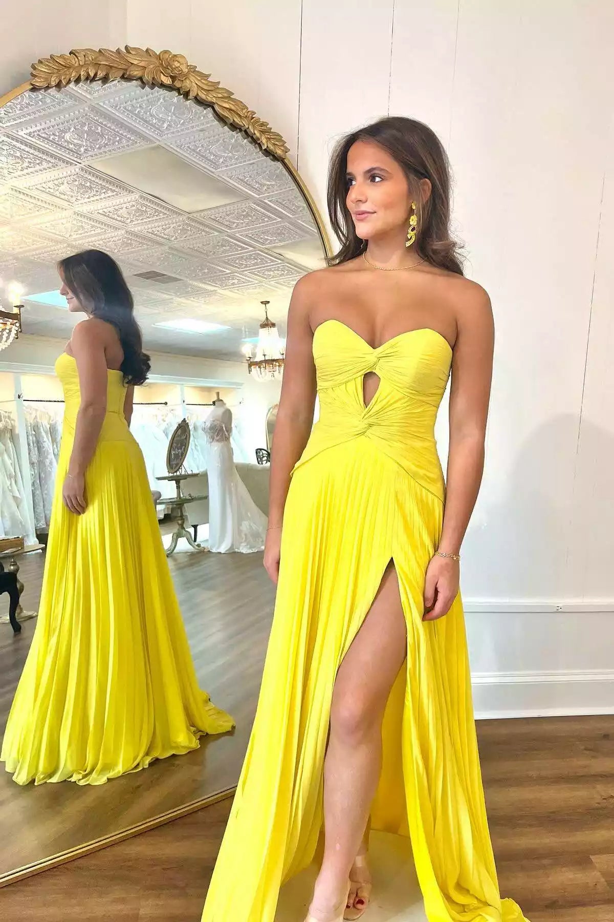 Lemon Yellow Strapless Cutout Pleated Gown – Vibrant & Graceful Evening Party Dress