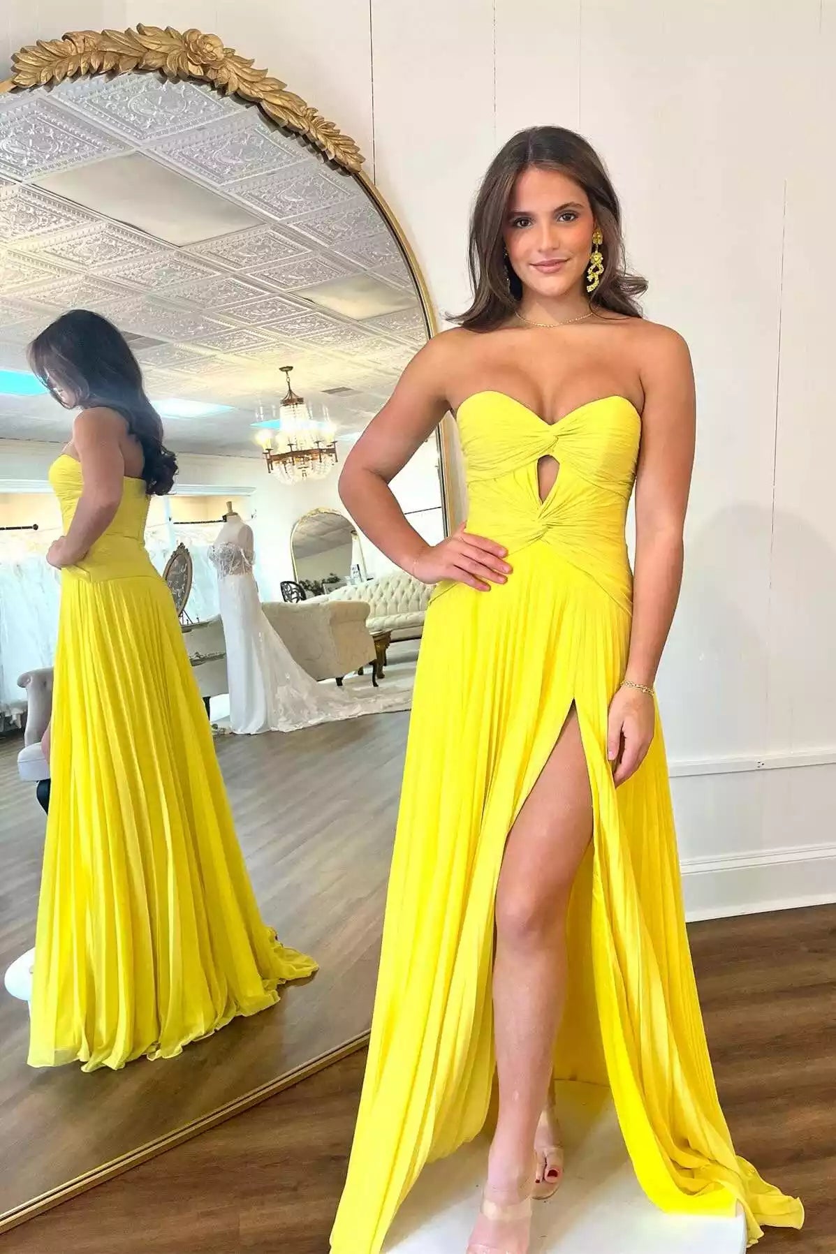 Lemon Yellow Strapless Cutout Pleated Gown – Vibrant & Graceful Evening Party Dress