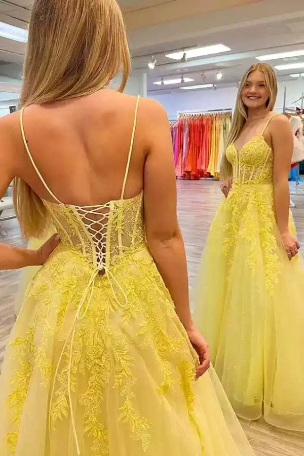 Lemon Yellow Tulle Lace Bodice Crisscross Back A-Line Gown – Vibrant & Romantic Evening Party Dress