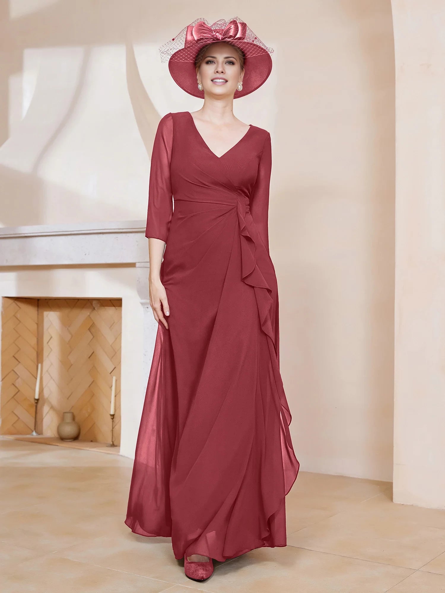 Length Sleeves V-neck Pleated Long Dress Mother of the Bride Dresses