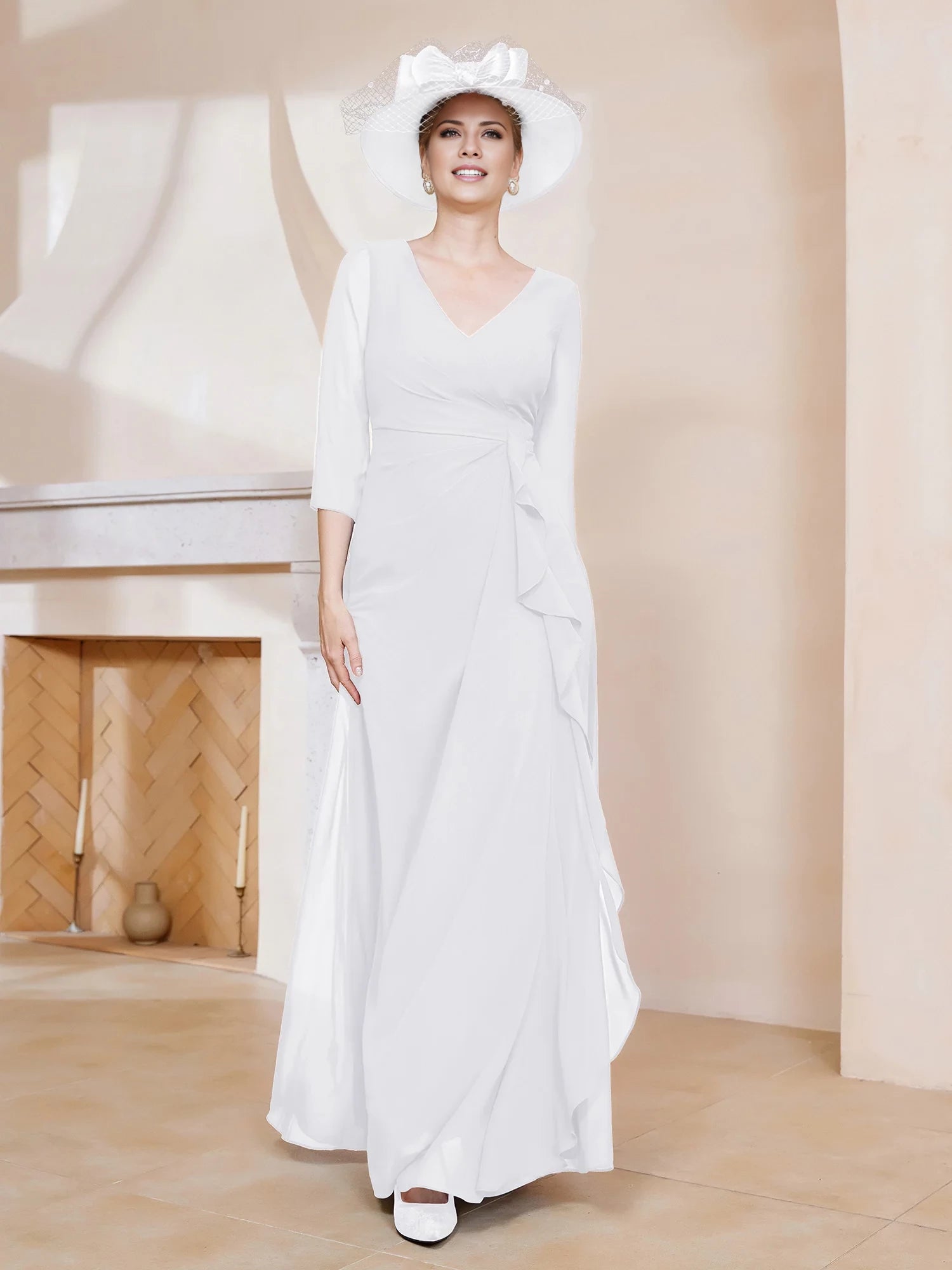 Length Sleeves V-neck Pleated Long Dress Mother of the Bride Dresses