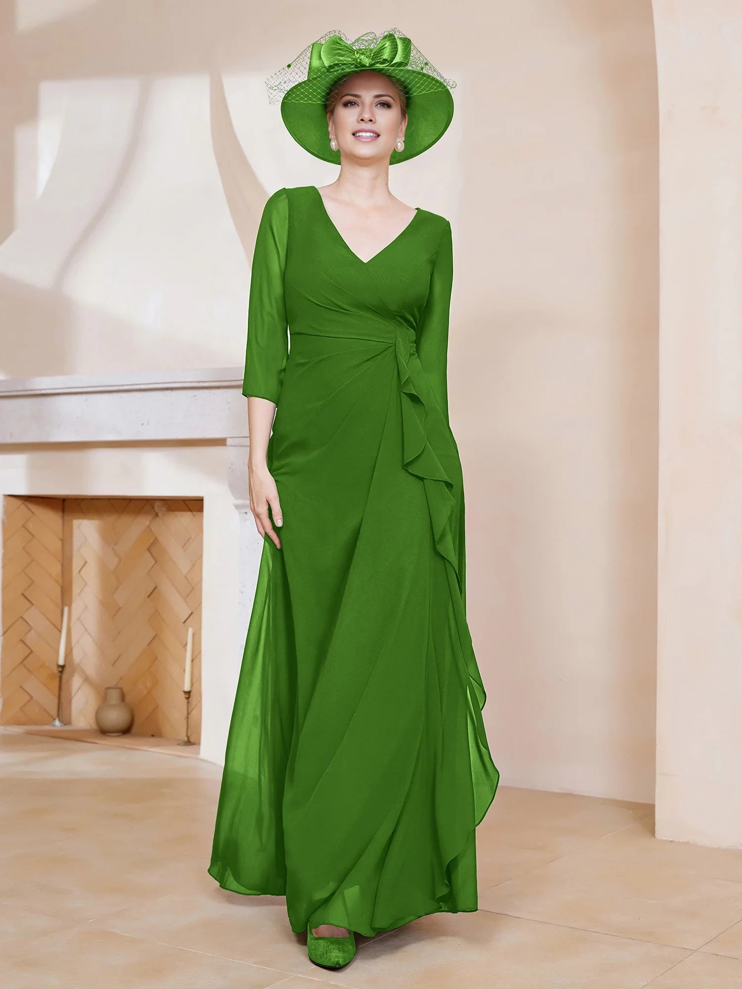 Length Sleeves V-neck Pleated Long Dress Mother of the Bride Dresses