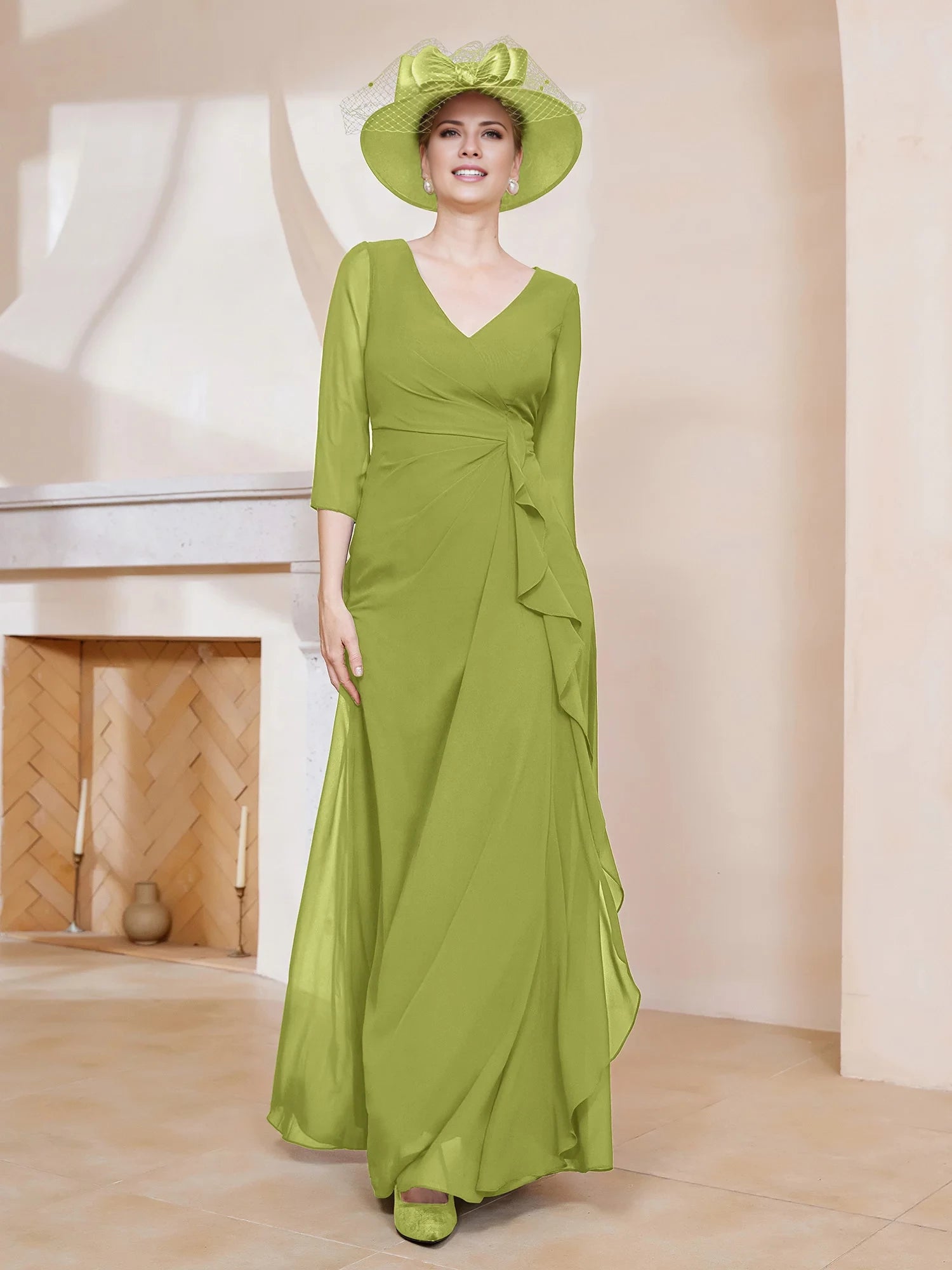 Length Sleeves V-neck Pleated Long Dress Mother of the Bride Dresses