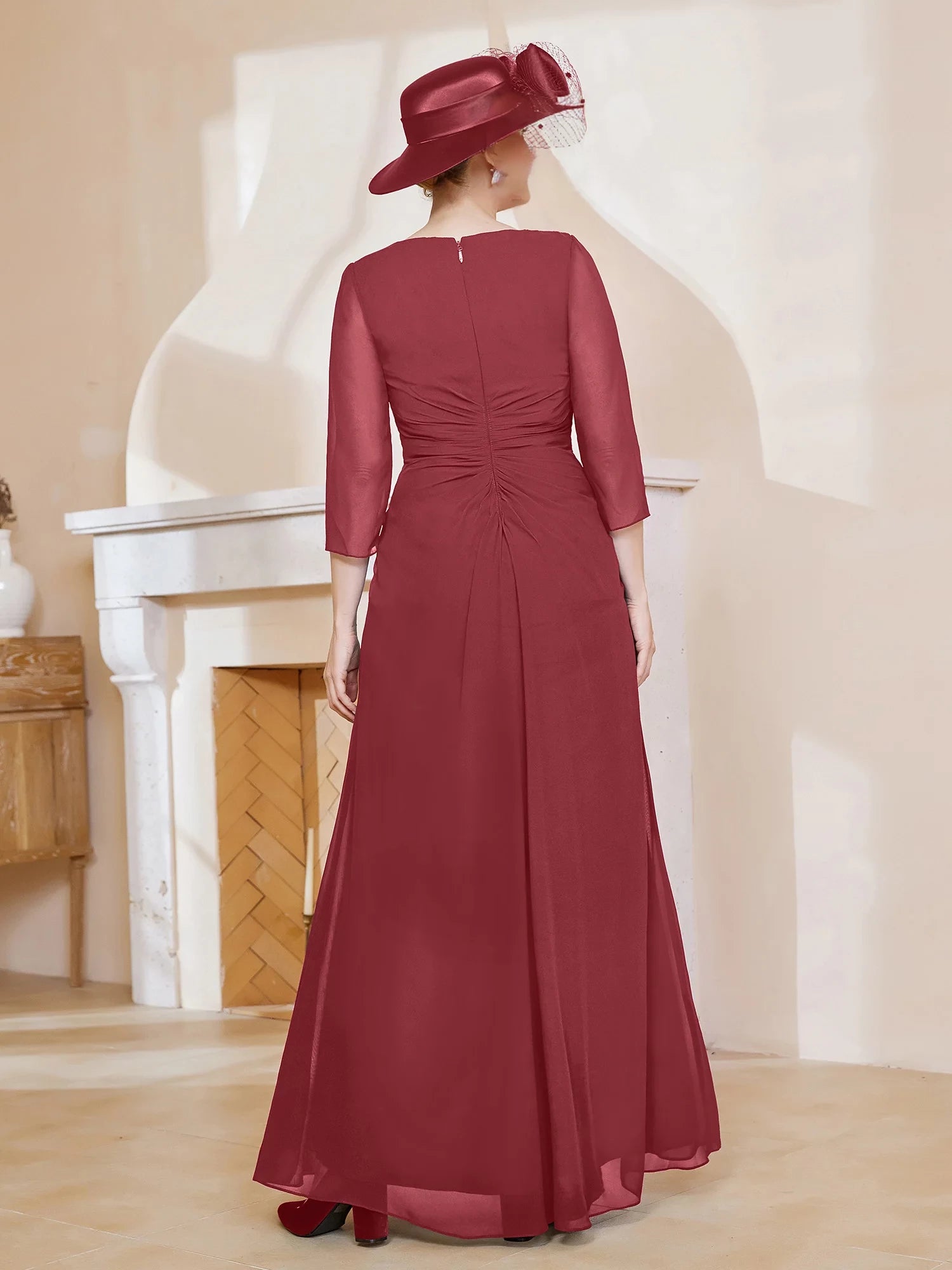 Length Sleeves V-neck Pleated Long Dress Mother of the Bride Dresses