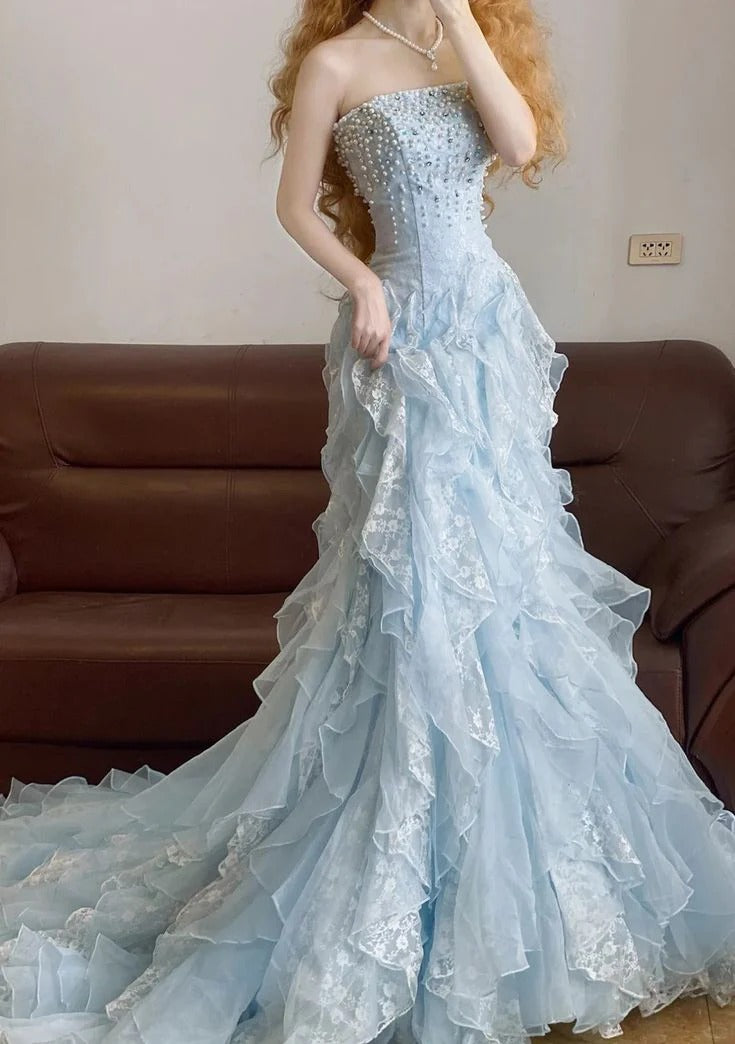 Light Blue Beaded Mermaid Gown – Strapless Lace Ruffle Prom Dress with Train