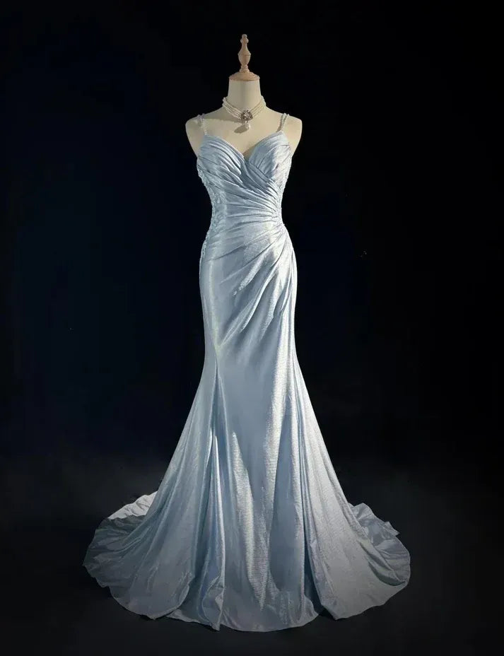 Light Blue Metallic Mermaid Gown with Lace Back Detail