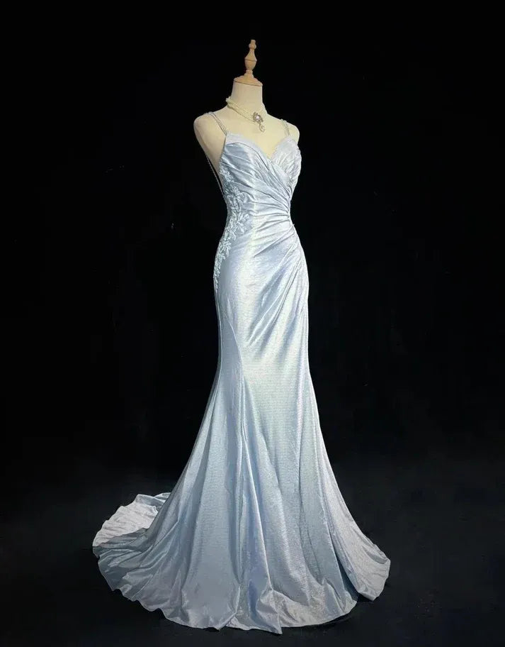 Light Blue Metallic Mermaid Gown with Lace Back Detail