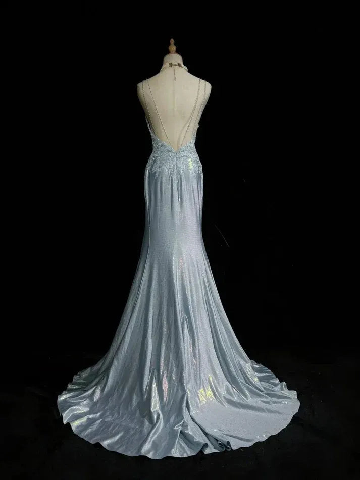 Light Blue Metallic Mermaid Gown with Lace Back Detail