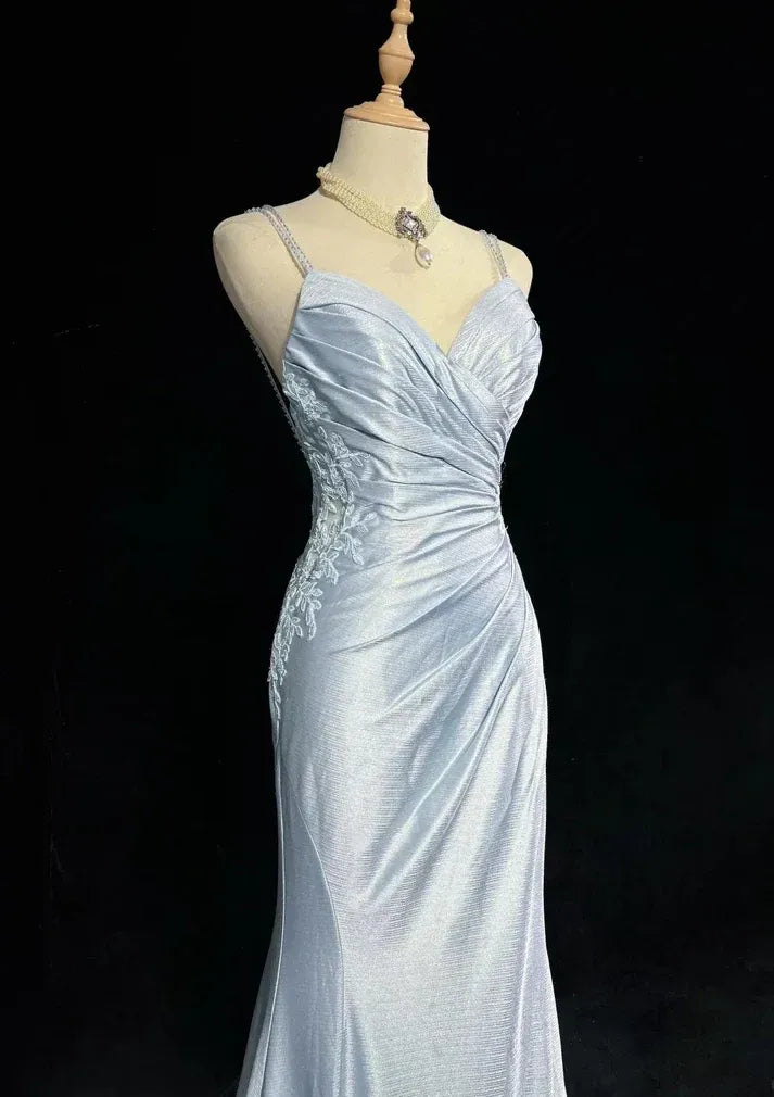 Light Blue Metallic Mermaid Gown with Lace Back Detail