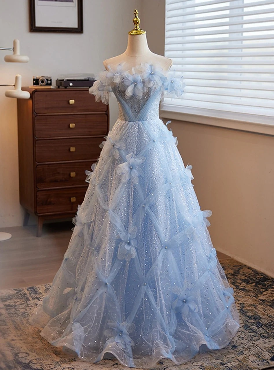 Light Blue Off-the-Shoulder 3D Flower Glitter Tulle Ball Gown