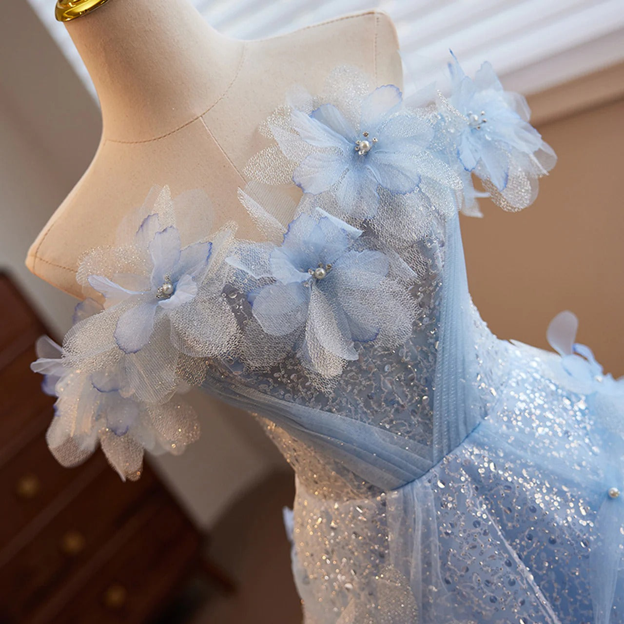 Light Blue Off-the-Shoulder 3D Flower Glitter Tulle Ball Gown