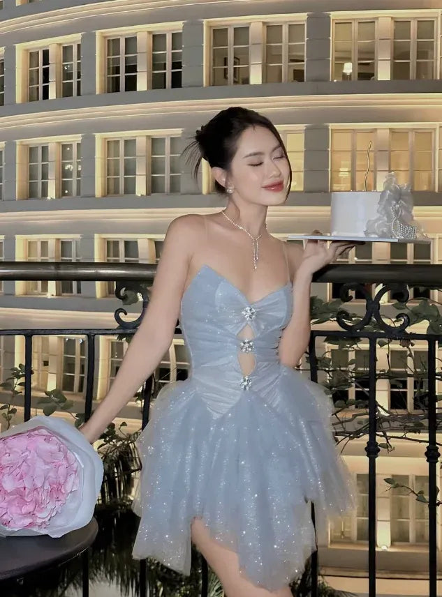 Light Blue Spaghetti-Strap Cutout Glitter Tulle Mini Dress