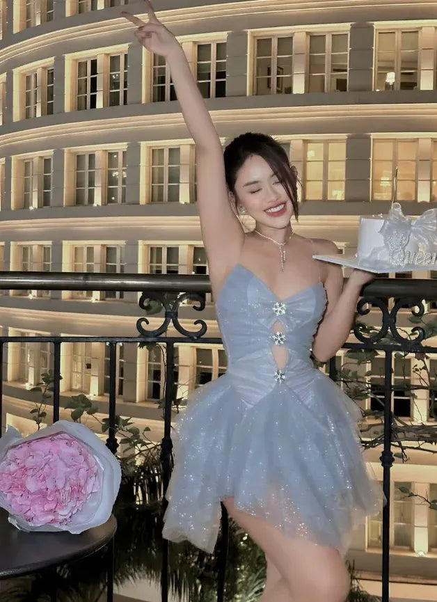 Light Blue Spaghetti-Strap Cutout Glitter Tulle Mini Dress
